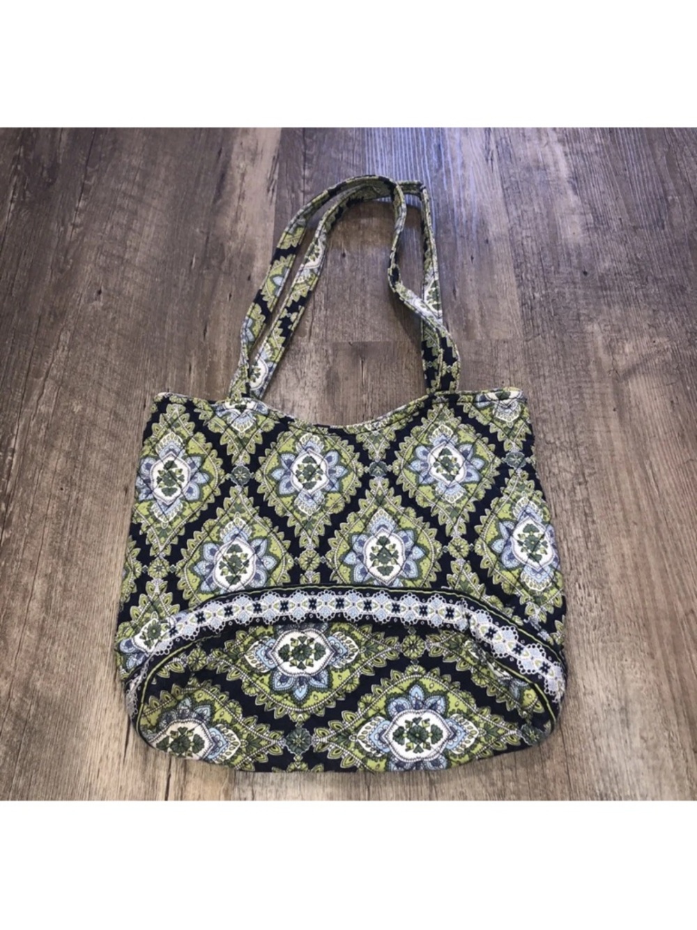 Patterned Green and Black Quilted Tote Bag